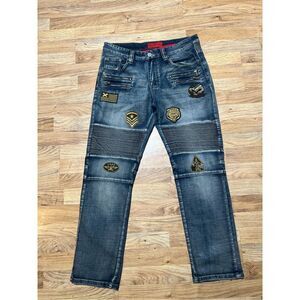 VICTORIOUS High-end Men’s Stretch Jeans W/ Military Patches 34 x 30
